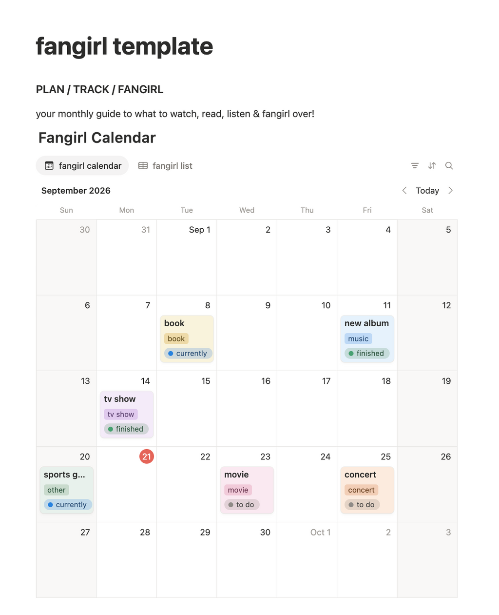 Fangirl Calendar Template