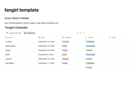 Fangirl Calendar Template